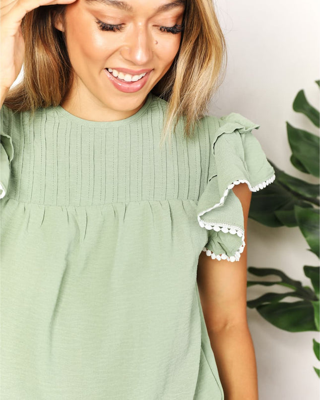 Perfee Pleated Detail Flutter Sleeve Blouse