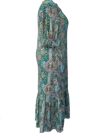Full Size Bohemian Paisley Print Ruffle Hem Midi Dress Plus Size
