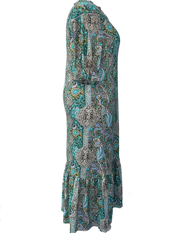 Full Size Bohemian Paisley Print Ruffle Hem Midi Dress Plus Size