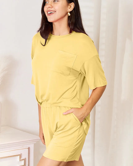 Basic Bae Bamboo Full Size Round Neck Drop Shoulder T-Shirt and Shorts Set