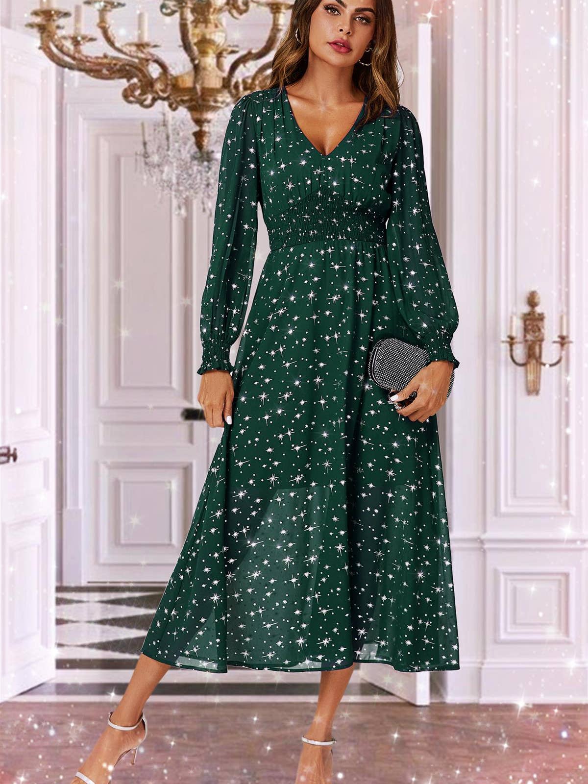 Silver Star Foil Long Sleeve Maxi Dress in Green
