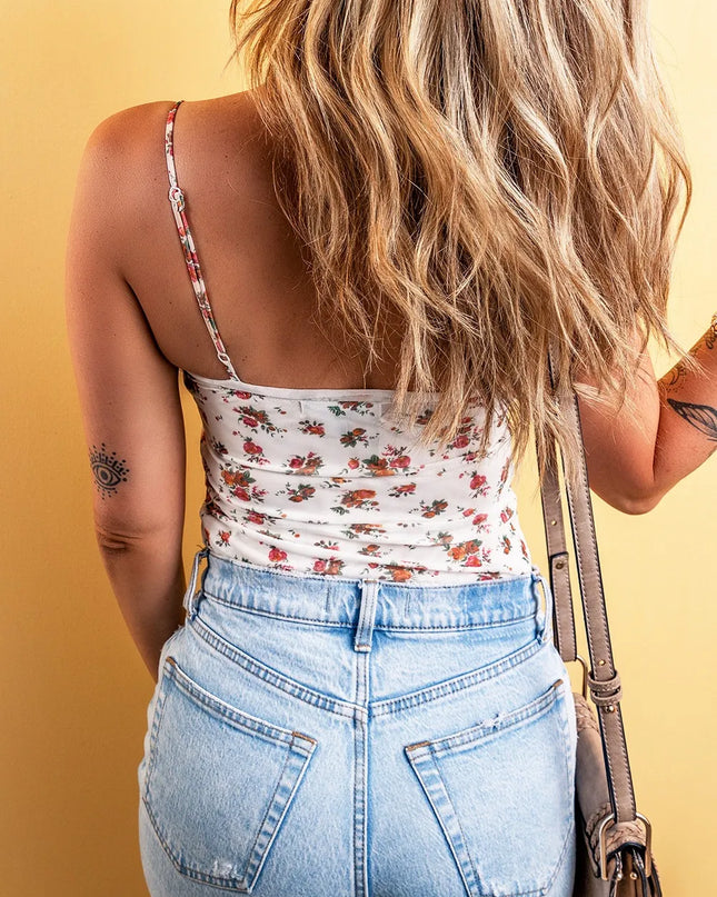 Floral Frilled Trim Spaghetti Straps Bodysuit