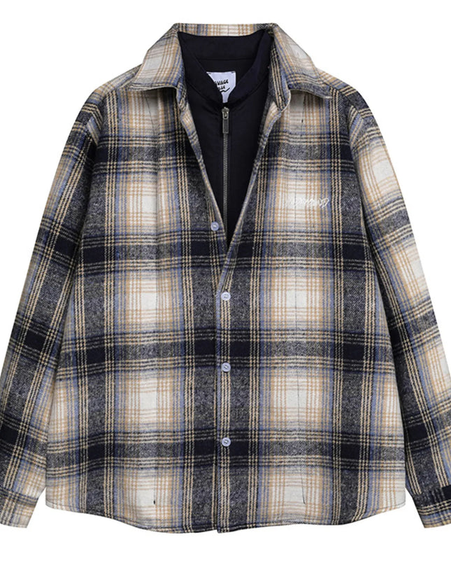 Men's Plaid Button Up Long Sleeve Jacket Royal Blue