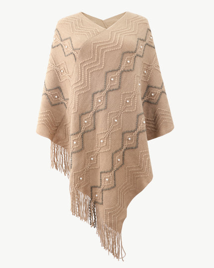 Pearl Trim V-Neck Fringe Hem Poncho Khaki One Size