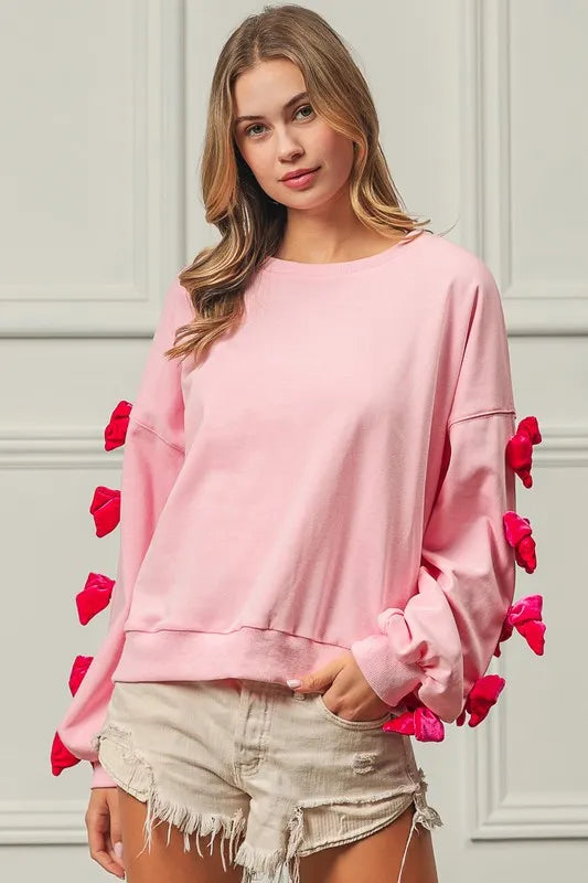 BiBi Velvet Ribbon Bows Long Sleeve Round Neck Sweatshirt Pink
