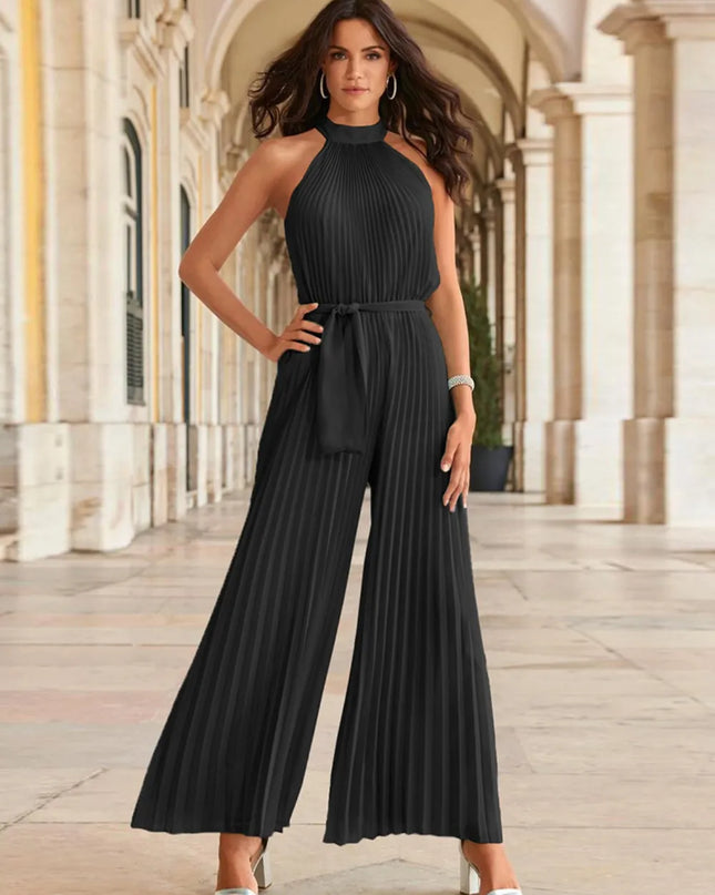 Cutout Tied Pleated Sleeveless Jumpsuit Black