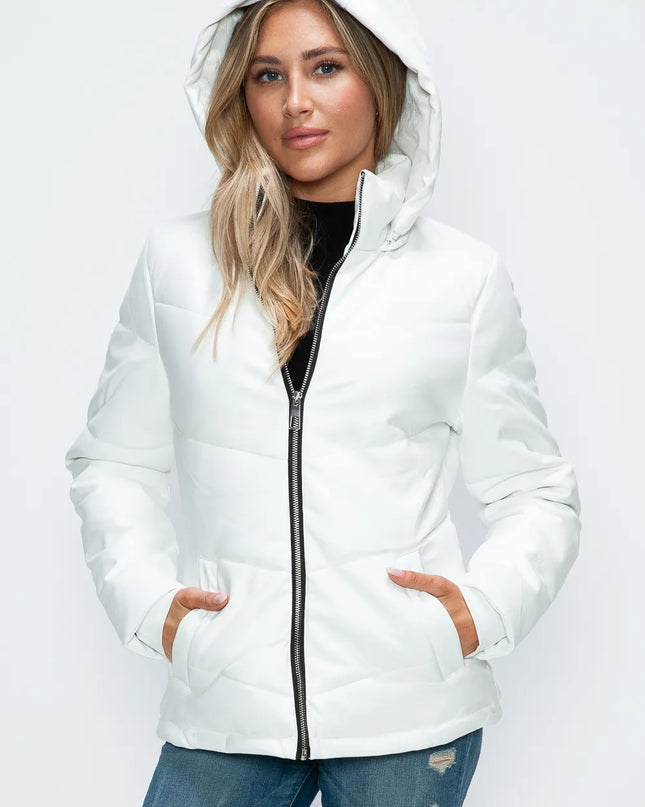 How Dare U Pocketed Zip Up Puffer Jacket with Removable Hood