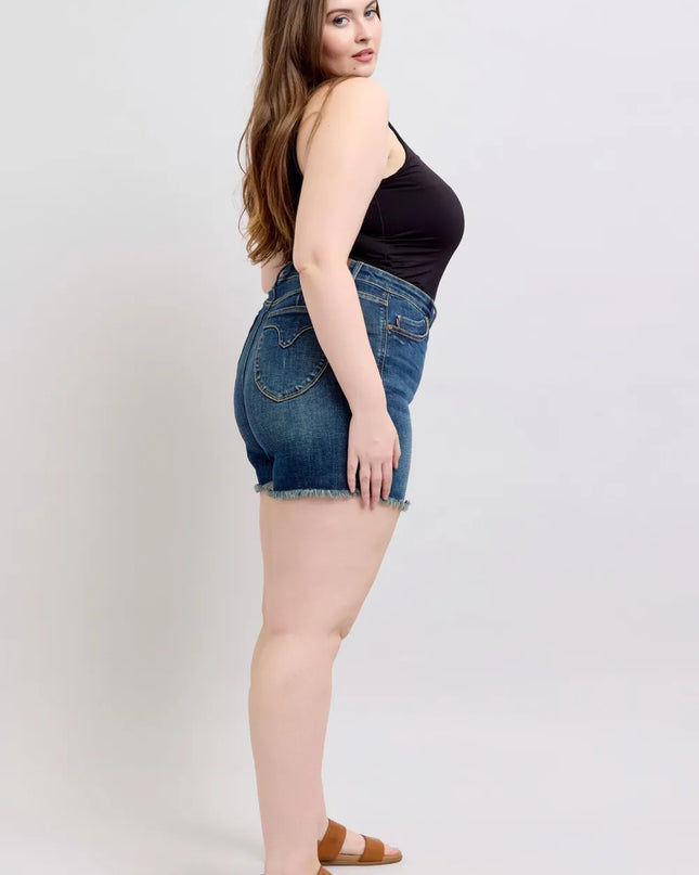 Judy Blue Tummy Control Fray Hem & Shield Back Pockets Denim Shorts