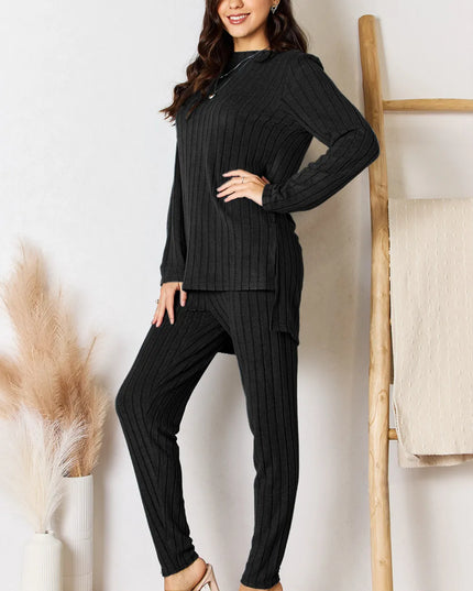 Basic Bae Full Size Ribbed Round Neck High-Low Slit Top and Pants Set Black
