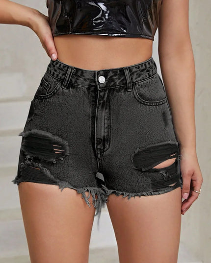 Distressed Raw Hem High Rise Denim Shorts