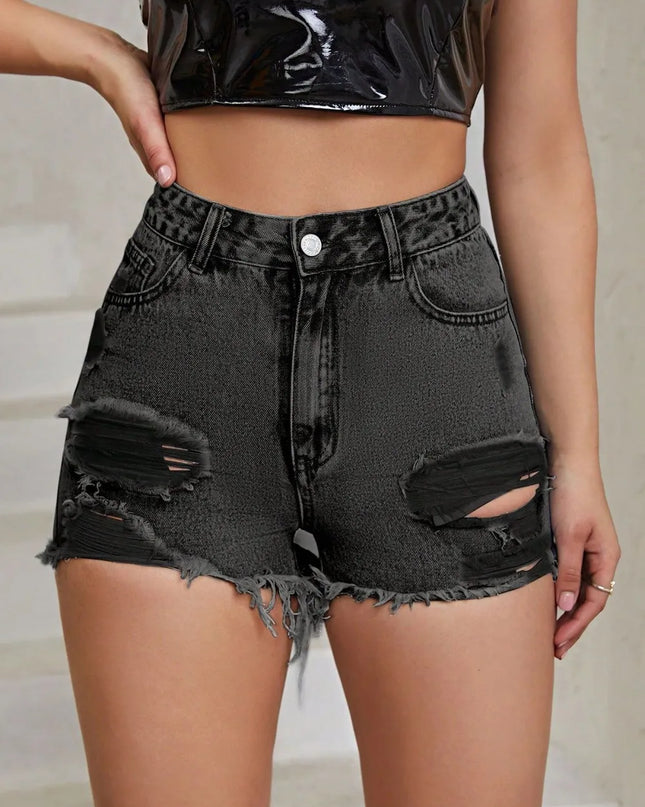 Distressed Raw Hem High Rise Denim Shorts