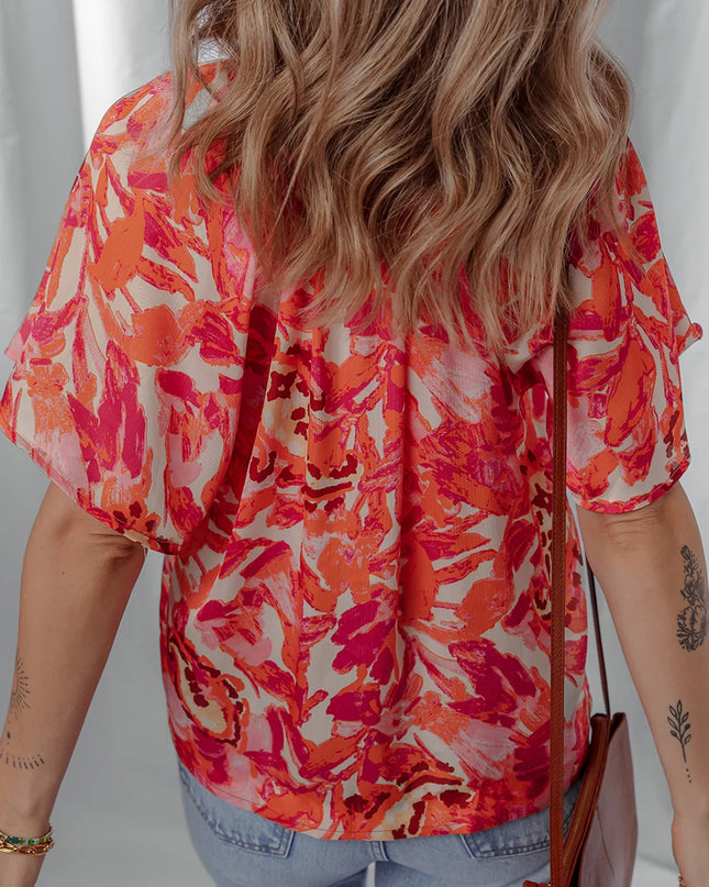 Abstract Print Striped Trim Split Neck Blouse