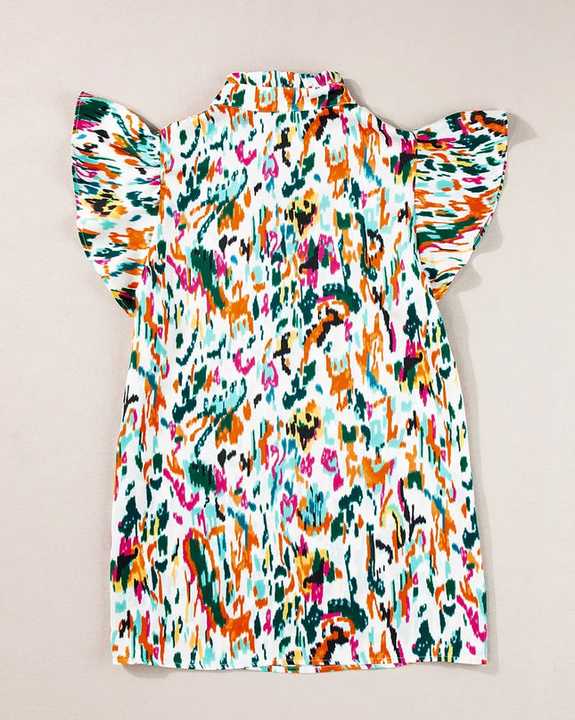 Abstract Print Ruffle Sleeve Blouse