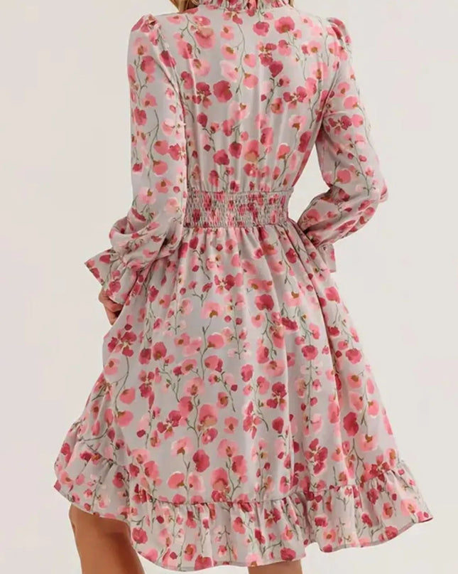 Floral Print Flounce Sleeve Ruffle Hem Dress