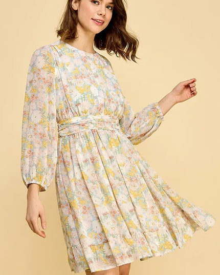 Lime 'N' Chili Chiffon Floral Print Belted Dress with Back Zipper 
