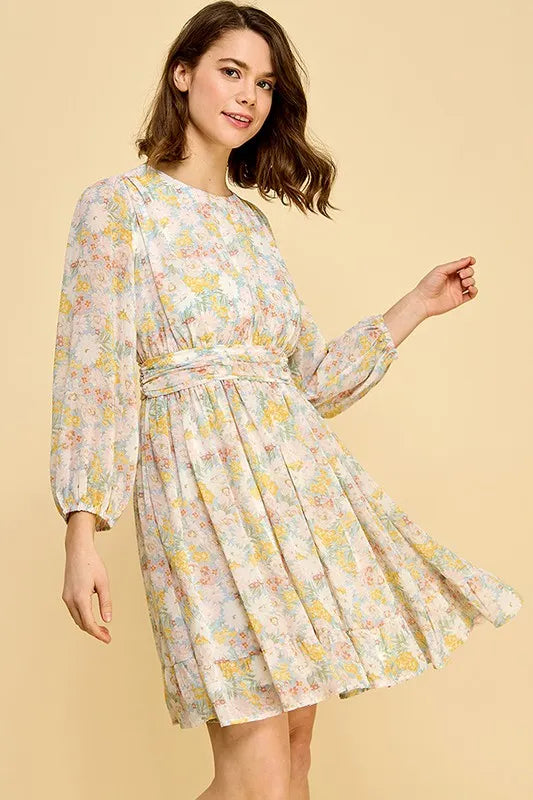 Lime 'N' Chili Chiffon Floral Print Belted Dress with Back Zipper 