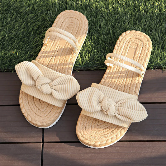 Bow Open Toe Platform Sandals Beige