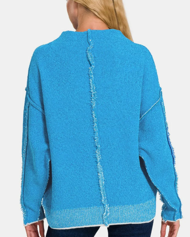 Zenana Exposed Seam Mock Neck Long Sleeve Sweater
