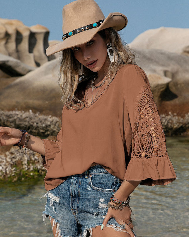 Openwork V-Neck Flounce Sleeve Blouse 