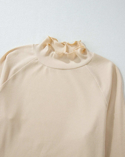 Ribbed Knit Lettuce Trim Mock Neck Long Sleeve Top