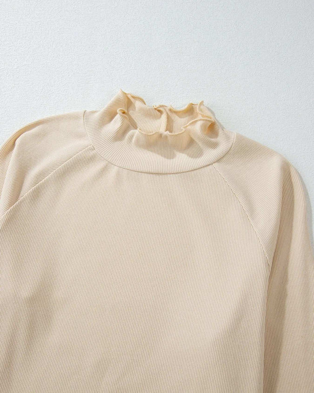 Ribbed Knit Lettuce Trim Mock Neck Long Sleeve Top