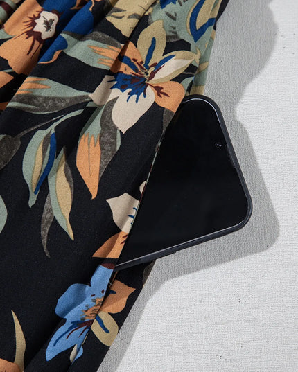 Floral Shirred High Waist Wide Leg Pants with Tie