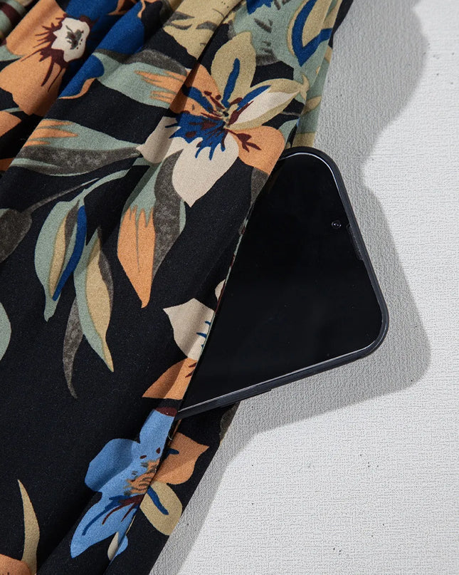 Floral Shirred High Waist Wide Leg Pants with Tie