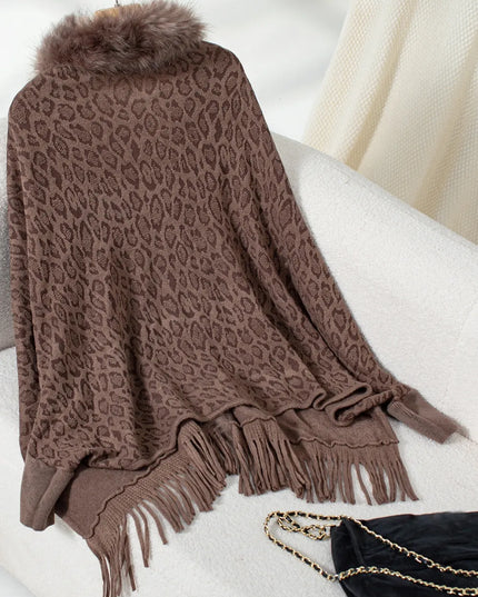 Fringe Leopard Open Front Long Sleeve Poncho