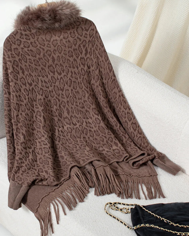Fringe Leopard Open Front Long Sleeve Poncho