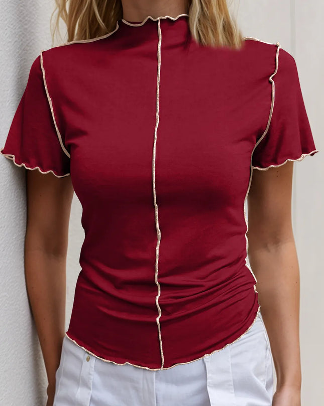Basic Bae Contrast Trim Mock Neck Short Sleeve T-Shirt Deep Red