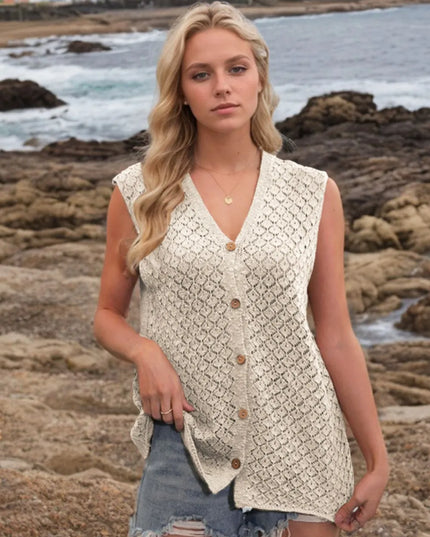 Button Down Eyelet V-Neck Sweater Vest Beige