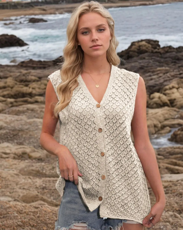 Button Down Eyelet V-Neck Sweater Vest Beige