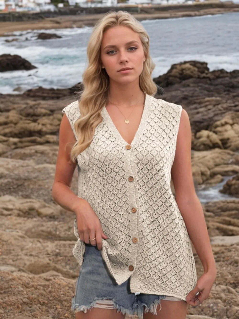 Button Down Eyelet V-Neck Sweater Vest Beige