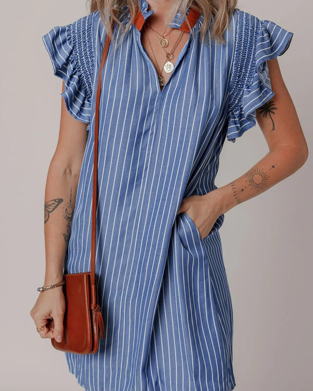 Stripe Frilly Split Neck Shirred Ruffle Sleeve Short Shift Dress