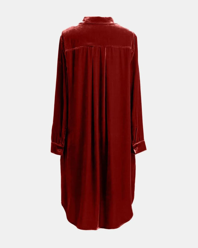 High-Low Button Up Long Sleeve Knee Length Dress