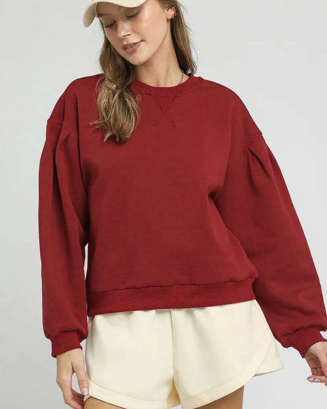 Umgee Round Neck Sweatshirt with Pleated Detail BURGUNDY