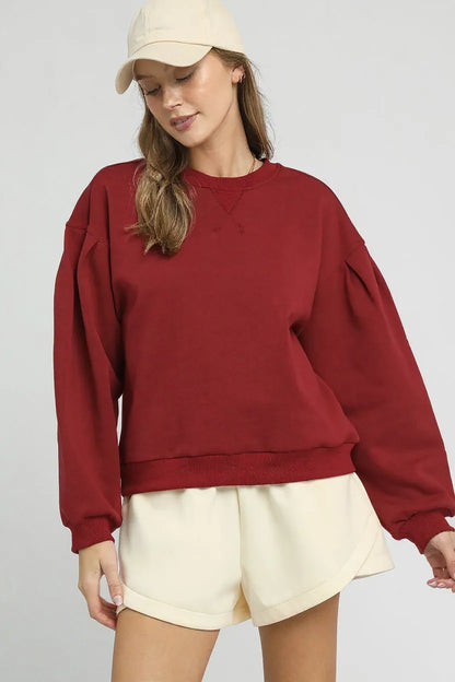 Umgee Round Neck Sweatshirt with Pleated Detail BURGUNDY