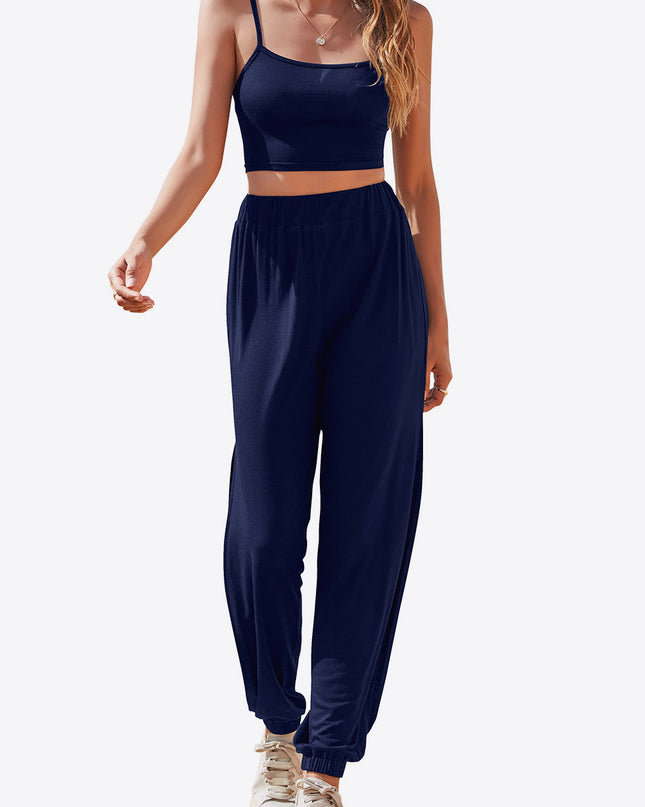 Cropped Cami and Side Split Joggers Set Dark Blue