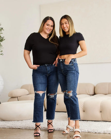 RFM Crop Dylan Full Size Tummy Control Distressed High Waist Raw Hem Jeans