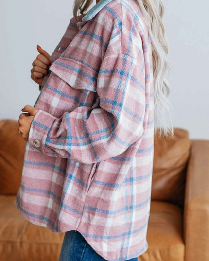 Plaid Collared Neck Flap Pockets Shacket