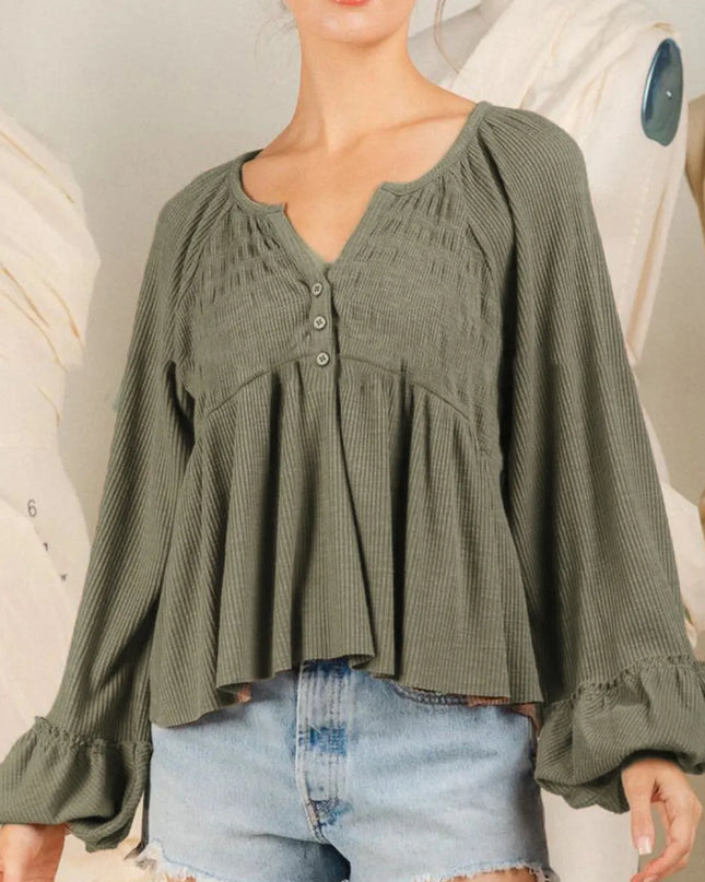 Notched Balloon Sleeve Peplum Blouse Matcha Green