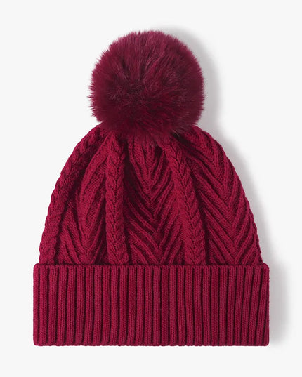 Cable Knit Solid Color Hat with Pompom Burgundy One Size