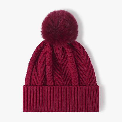 Cable Knit Solid Color Hat with Pompom Burgundy One Size