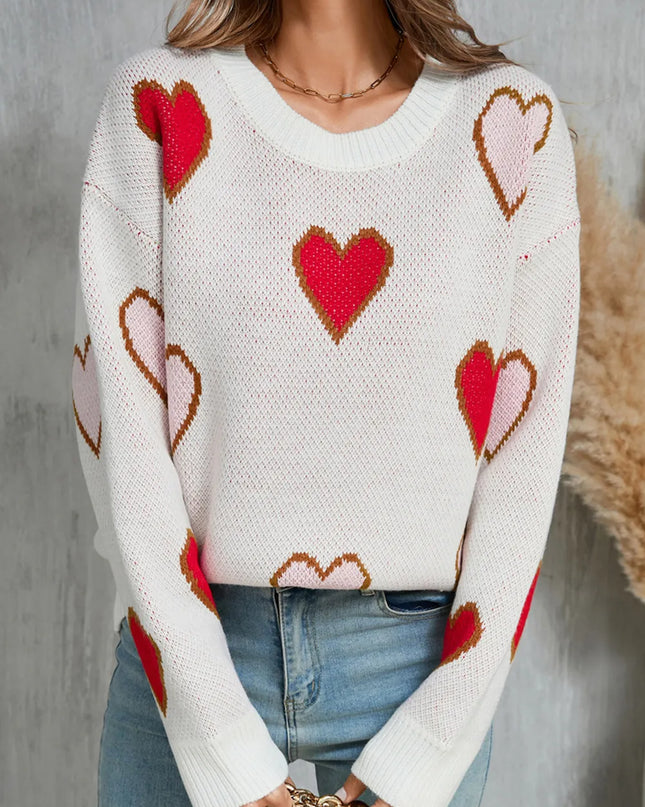 Angel Wings Contrast Heart Round Neck Long Sleeve Sweater White