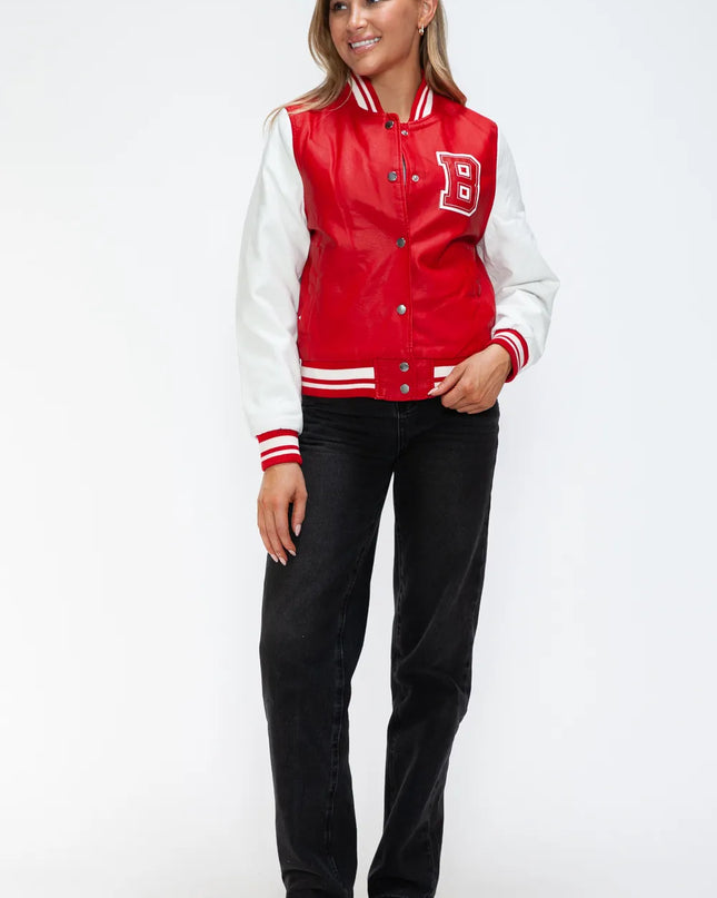 Love Me Now PU Leather Contrast Snap Down Bomber Jacket