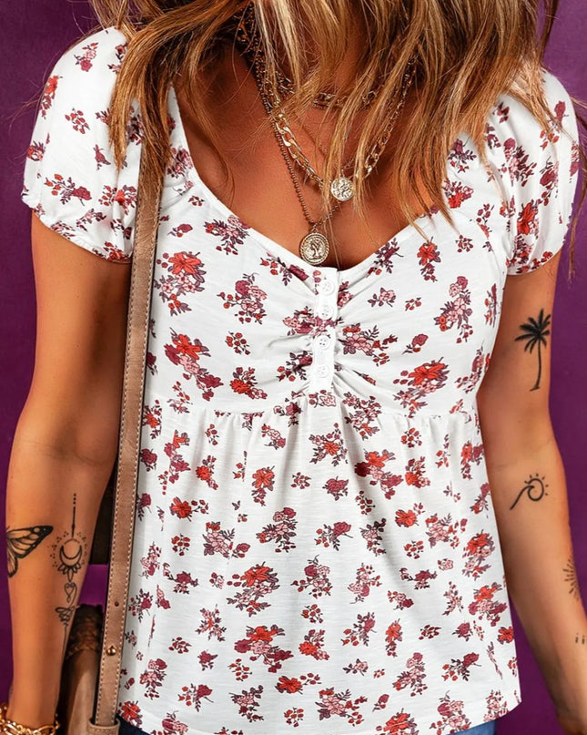 Floral Ruched Cinched Short Sleeve Blouse Floral