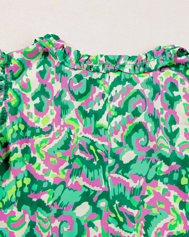 Abstract Print Ruffled Trim Tie Neck Top
