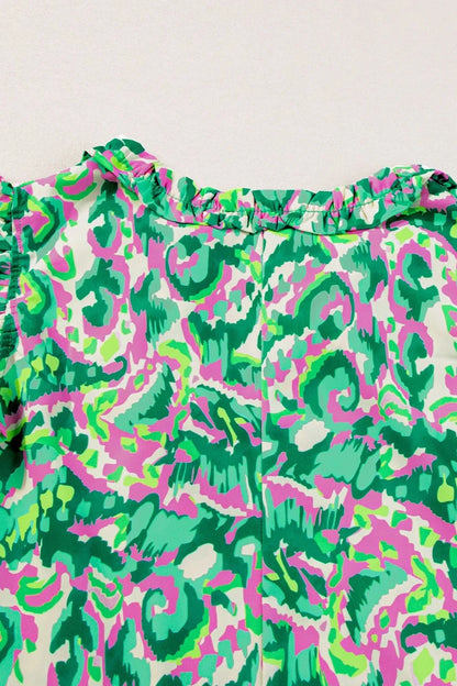 Abstract Print Ruffled Trim Tie Neck Top