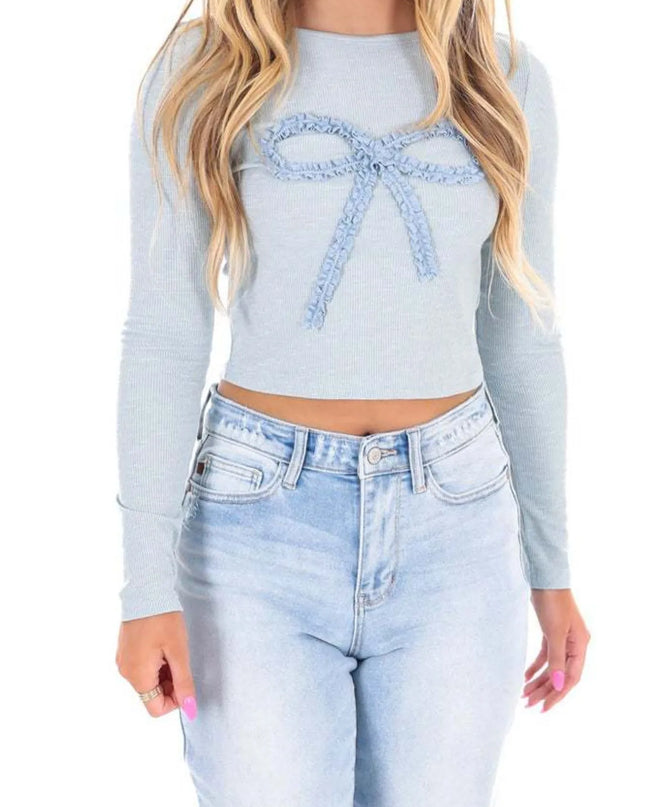 Bow Long Sleeve Fitted T-Shirt
