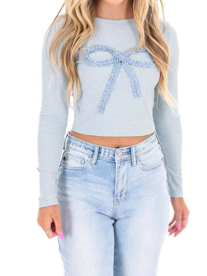 Bow Long Sleeve Fitted T-Shirt